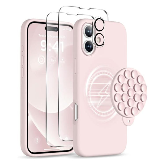 For iPhone 16 Plus Silicone Suction Cup MagSafe Phone Case with Screen Film & Lens Film(Pink) - free shipping - PMC Jewellery - Order now!