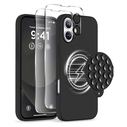 For iPhone 16 Plus Silicone Suction Cup MagSafe Phone Case with Screen Film & Lens Film(Black) - free shipping - PMC Jewellery - Order now!