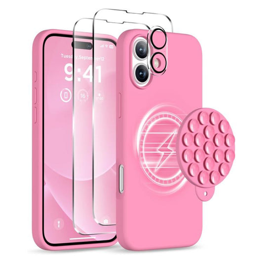 For iPhone 16 Plus Silicone Suction Cup MagSafe Phone Case with Screen Film & Lens Film(Soft Pink) - free shipping - PMC Jewellery - Order now!