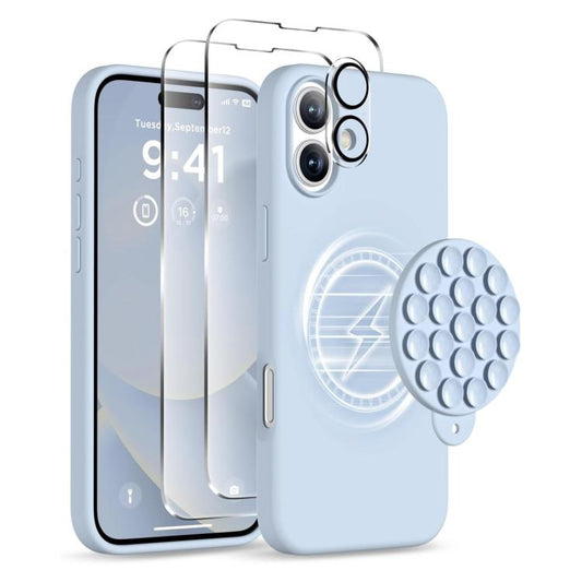For iPhone 16 Plus Silicone Suction Cup MagSafe Phone Case with Screen Film & Lens Film(Sierra Blue) - free shipping - PMC Jewellery - Order now!