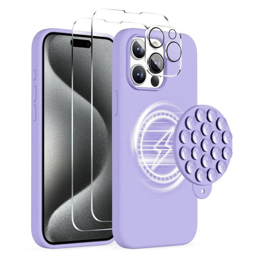 For iPhone 15 Pro Max Silicone Suction Cup MagSafe Phone Case with Screen Film & Lens Film(Purple) - free shipping - PMC Jewellery - Order now!