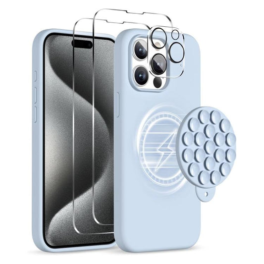 For iPhone 15 Pro Silicone Suction Cup MagSafe Phone Case with Screen Film & Lens Film(Sierra Blue) - free shipping - PMC Jewellery - Order now!