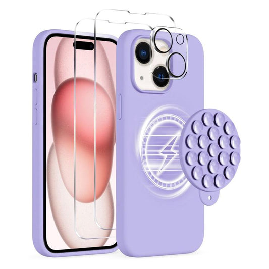 For iPhone 15 Plus Silicone Suction Cup MagSafe Phone Case with Screen Film & Lens Film(Purple) - free shipping - PMC Jewellery - Order now!