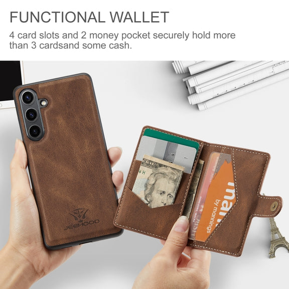 For Samsung Galaxy S24 FE 5G JEEHOOD J01 Retro Magnetic Detachable Wallet Phone Case(Brown)