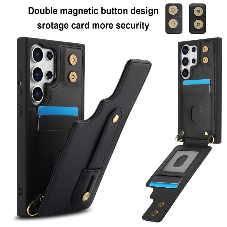 For Samsung Galaxy S25 Ultra 5G Wristband Vertical Flip Wallet Back Cover Phone Case with Long Lanyard(Black)