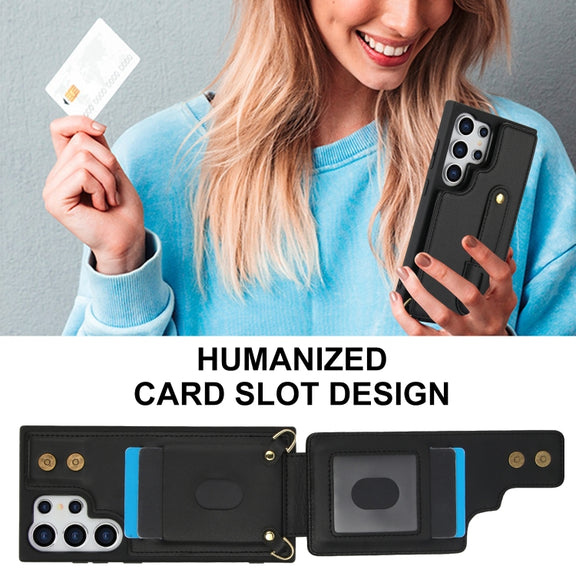 For Samsung Galaxy S25 Ultra 5G Wristband Vertical Flip Wallet Back Cover Phone Case with Long Lanyard(Black)