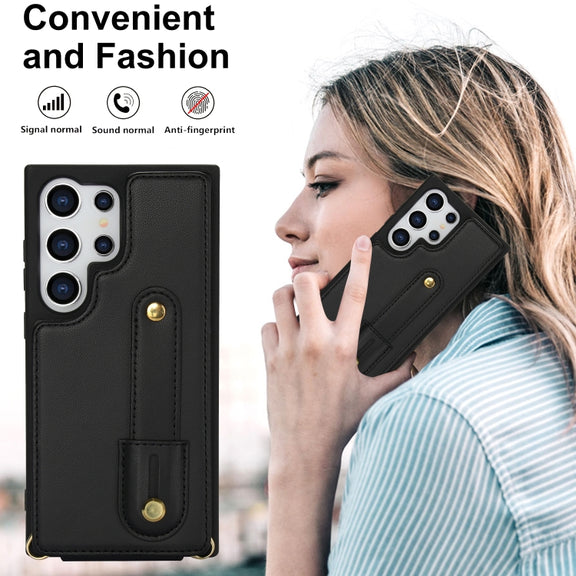 For Samsung Galaxy S25 Ultra 5G Wristband Vertical Flip Wallet Back Cover Phone Case with Long Lanyard(Black)