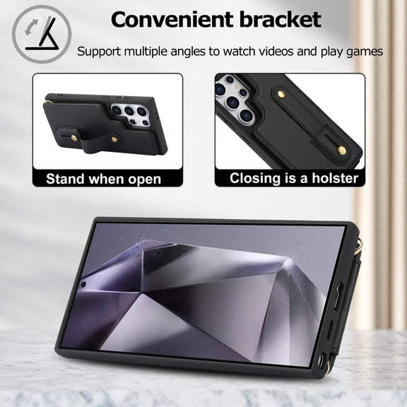 For Samsung Galaxy S25 Ultra 5G Wristband Vertical Flip Wallet Back Cover Phone Case with Long Lanyard(Black)