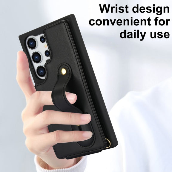For Samsung Galaxy S25 Ultra 5G Wristband Vertical Flip Wallet Back Cover Phone Case with Long Lanyard(Black)