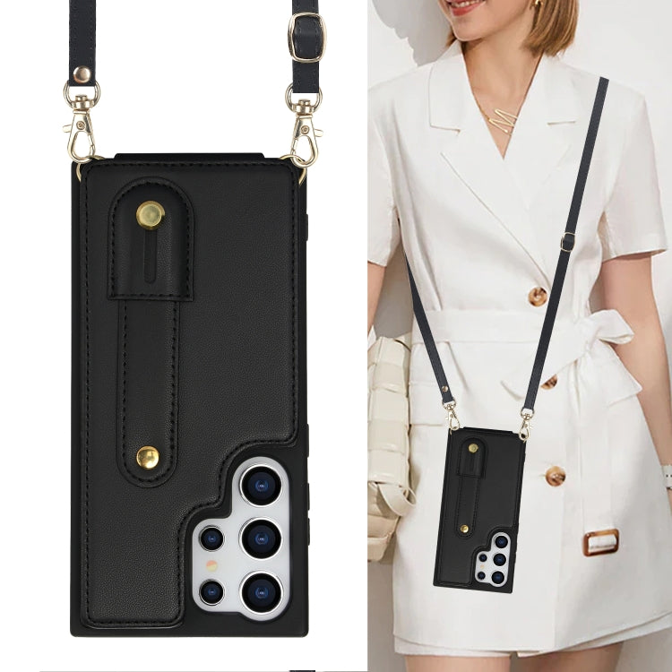 For Samsung Galaxy S25 Ultra 5G Wristband Vertical Flip Wallet Back Cover Phone Case with Long Lanyard(Black)