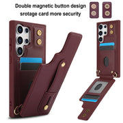 For Samsung Galaxy S25 Ultra 5G Wristband Vertical Flip Wallet Back Cover Phone Case with Long Lanyard(Wine Red)