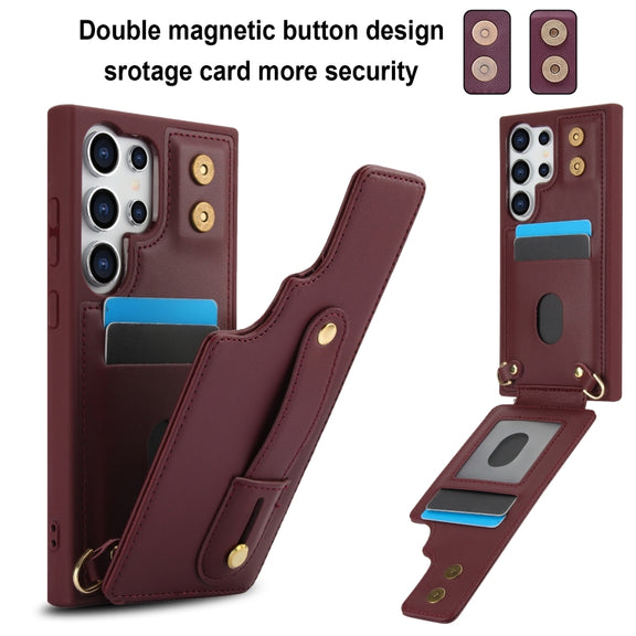 For Samsung Galaxy S25 Ultra 5G Wristband Vertical Flip Wallet Back Cover Phone Case with Long Lanyard(Wine Red)