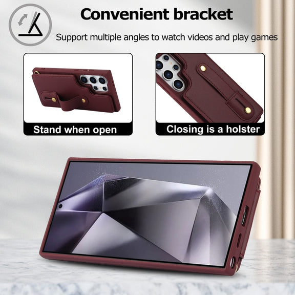 For Samsung Galaxy S25 Ultra 5G Wristband Vertical Flip Wallet Back Cover Phone Case with Long Lanyard(Wine Red)