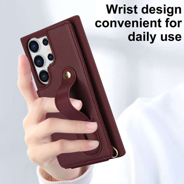 For Samsung Galaxy S25 Ultra 5G Wristband Vertical Flip Wallet Back Cover Phone Case with Long Lanyard(Wine Red)