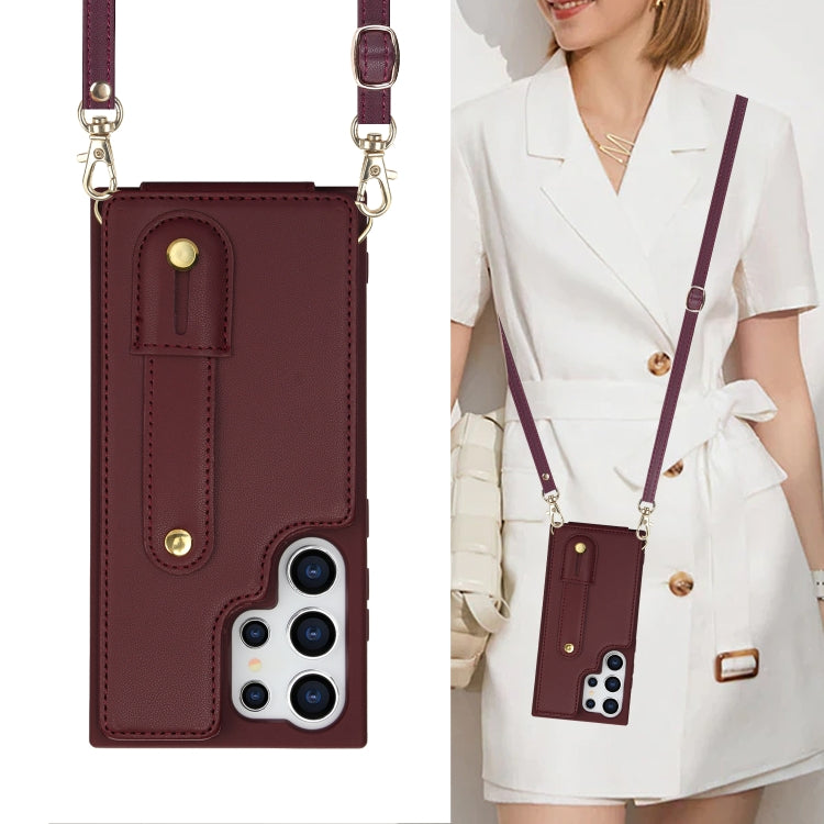 For Samsung Galaxy S25 Ultra 5G Wristband Vertical Flip Wallet Back Cover Phone Case with Long Lanyard(Wine Red)