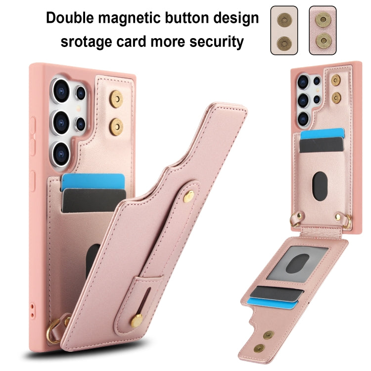 For Samsung Galaxy S25 Ultra 5G Wristband Vertical Flip Wallet Back Cover Phone Case with Long Lanyard(Rose Gold)