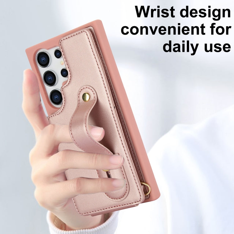 For Samsung Galaxy S25 Ultra 5G Wristband Vertical Flip Wallet Back Cover Phone Case with Long Lanyard(Rose Gold)