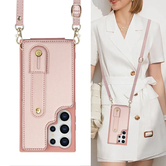 For Samsung Galaxy S25 Ultra 5G Wristband Vertical Flip Wallet Back Cover Phone Case with Long Lanyard(Rose Gold)