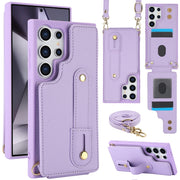 For Samsung Galaxy S25 Ultra 5G Wristband Vertical Flip Wallet Back Cover Phone Case with Long Lanyard(Purple)