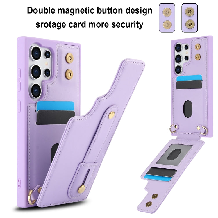 For Samsung Galaxy S25 Ultra 5G Wristband Vertical Flip Wallet Back Cover Phone Case with Long Lanyard(Purple)