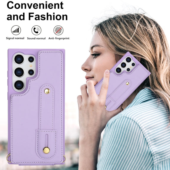 For Samsung Galaxy S25 Ultra 5G Wristband Vertical Flip Wallet Back Cover Phone Case with Long Lanyard(Purple)