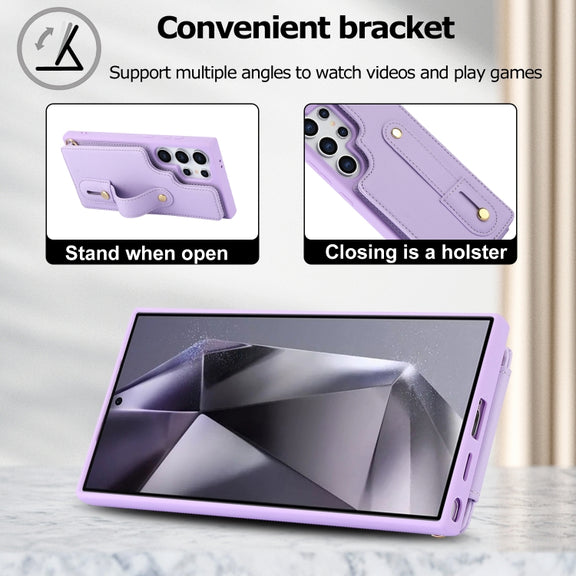 For Samsung Galaxy S25 Ultra 5G Wristband Vertical Flip Wallet Back Cover Phone Case with Long Lanyard(Purple)