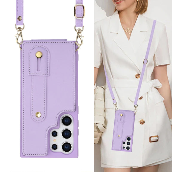 For Samsung Galaxy S25 Ultra 5G Wristband Vertical Flip Wallet Back Cover Phone Case with Long Lanyard(Purple)