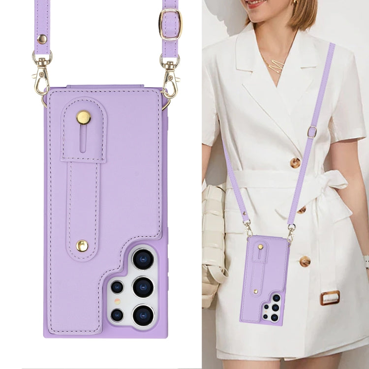 For Samsung Galaxy S25 Ultra 5G Wristband Vertical Flip Wallet Back Cover Phone Case with Long Lanyard(Purple)