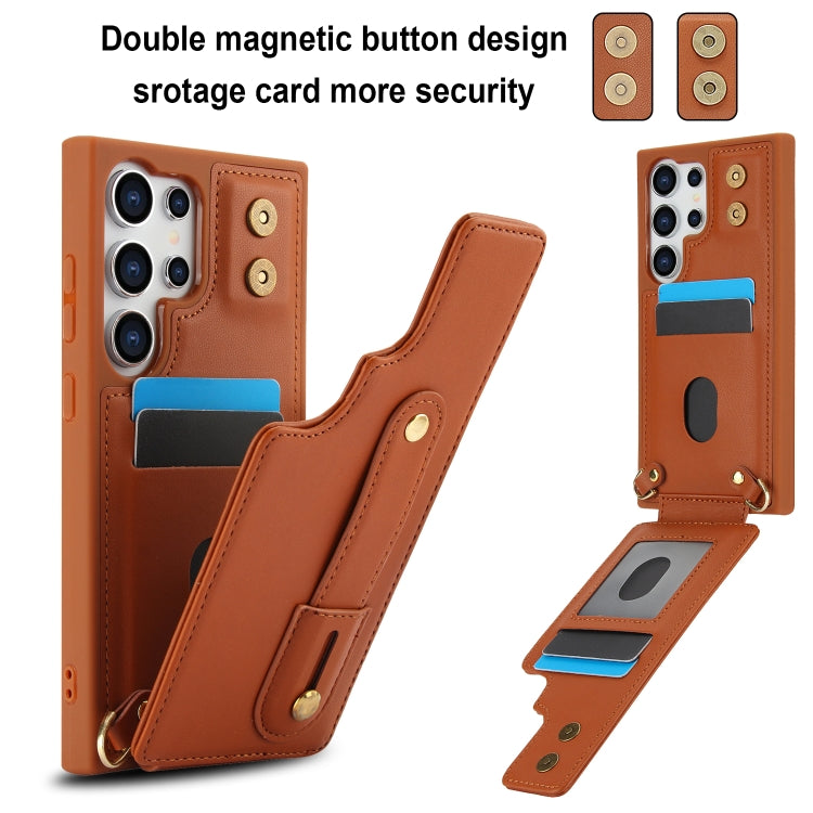 For Samsung Galaxy S25 Ultra 5G Wristband Vertical Flip Wallet Back Cover Phone Case with Long Lanyard(Brown)