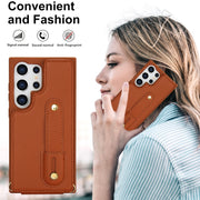 For Samsung Galaxy S25 Ultra 5G Wristband Vertical Flip Wallet Back Cover Phone Case with Long Lanyard(Brown)