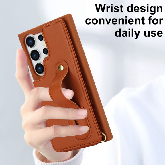 For Samsung Galaxy S25 Ultra 5G Wristband Vertical Flip Wallet Back Cover Phone Case with Long Lanyard(Brown)