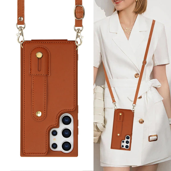 For Samsung Galaxy S25 Ultra 5G Wristband Vertical Flip Wallet Back Cover Phone Case with Long Lanyard(Brown)