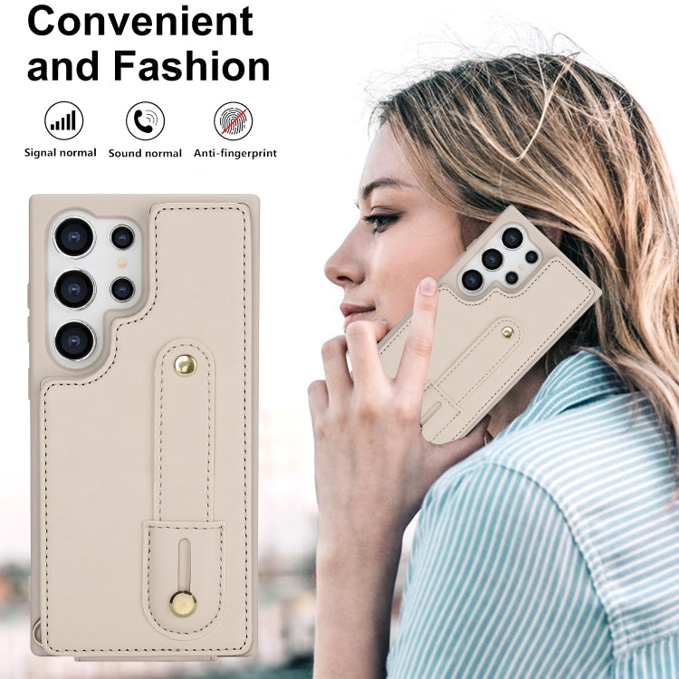 For Samsung Galaxy S25 Ultra 5G Wristband Vertical Flip Wallet Back Cover Phone Case with Long Lanyard(White)