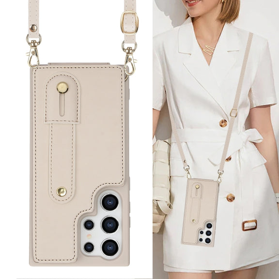 For Samsung Galaxy S25 Ultra 5G Wristband Vertical Flip Wallet Back Cover Phone Case with Long Lanyard(White)