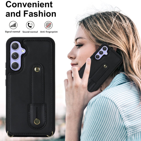 For Samsung Galaxy S25+ 5G Wristband Vertical Flip Wallet Back Cover Phone Case with Long Lanyard(Black)