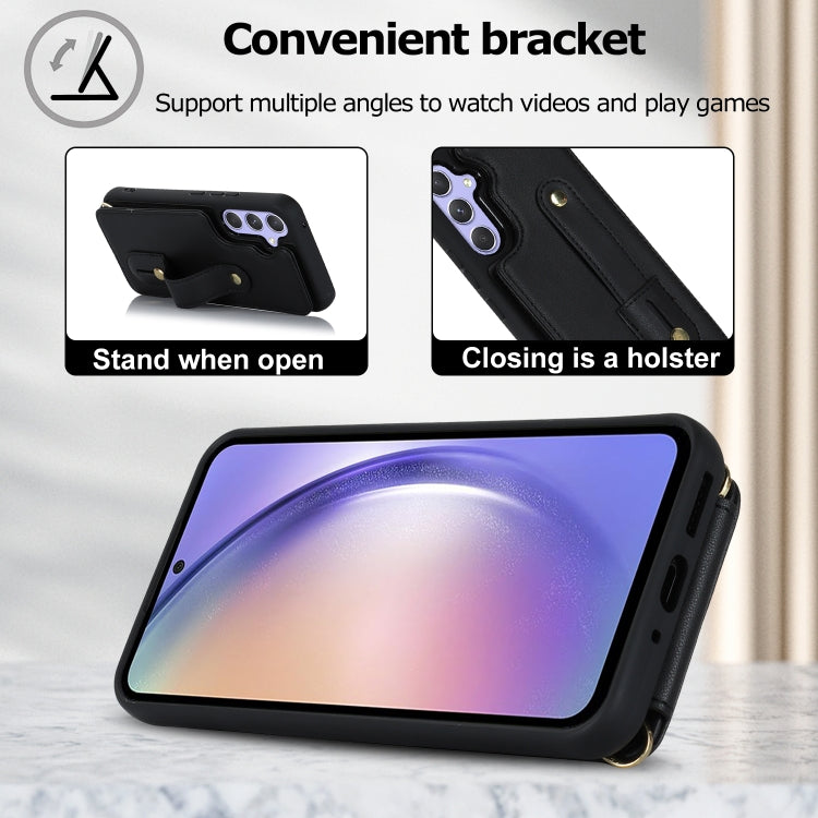 For Samsung Galaxy S25+ 5G Wristband Vertical Flip Wallet Back Cover Phone Case with Long Lanyard(Black)