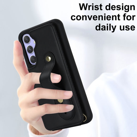 For Samsung Galaxy S25+ 5G Wristband Vertical Flip Wallet Back Cover Phone Case with Long Lanyard(Black)