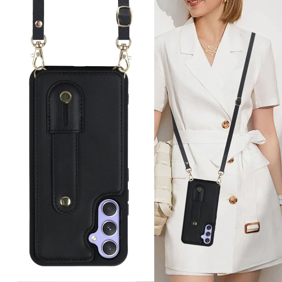 For Samsung Galaxy S25+ 5G Wristband Vertical Flip Wallet Back Cover Phone Case with Long Lanyard(Black)