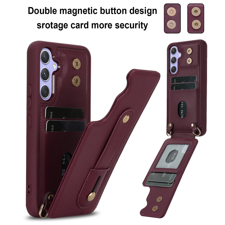 For Samsung Galaxy S25+ 5G Wristband Vertical Flip Wallet Back Cover Phone Case with Long Lanyard(Wine Red)