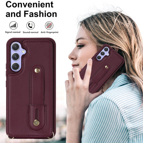 For Samsung Galaxy S25+ 5G Wristband Vertical Flip Wallet Back Cover Phone Case with Long Lanyard(Wine Red)