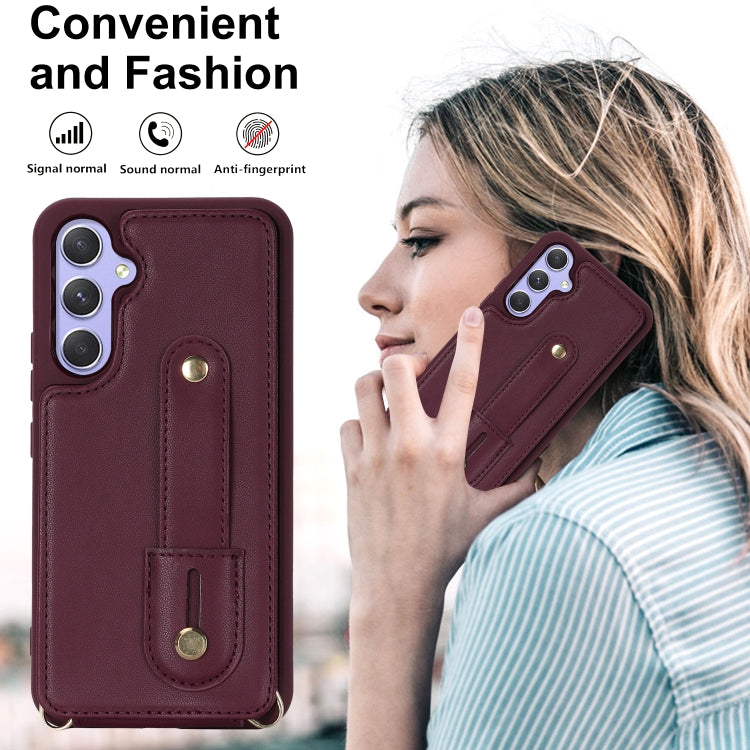 For Samsung Galaxy S25+ 5G Wristband Vertical Flip Wallet Back Cover Phone Case with Long Lanyard(Wine Red)