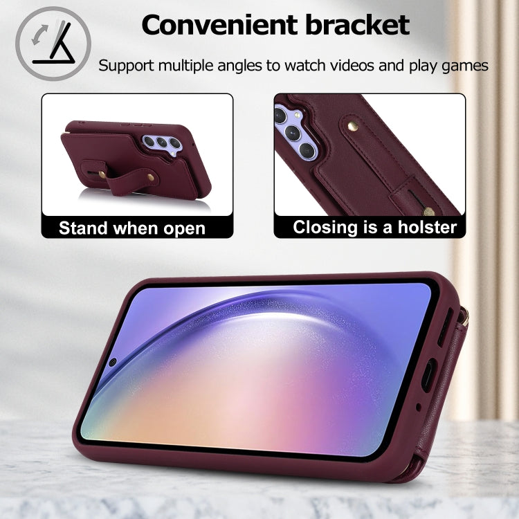 For Samsung Galaxy S25+ 5G Wristband Vertical Flip Wallet Back Cover Phone Case with Long Lanyard(Wine Red)