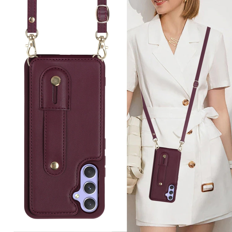 For Samsung Galaxy S25+ 5G Wristband Vertical Flip Wallet Back Cover Phone Case with Long Lanyard(Wine Red)