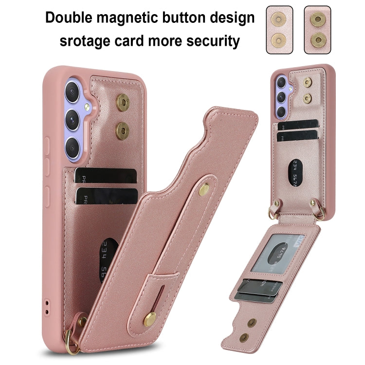 For Samsung Galaxy S25+ 5G Wristband Vertical Flip Wallet Back Cover Phone Case with Long Lanyard(Rose Gold)