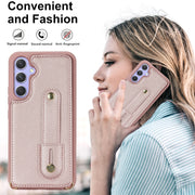 For Samsung Galaxy S25+ 5G Wristband Vertical Flip Wallet Back Cover Phone Case with Long Lanyard(Rose Gold)