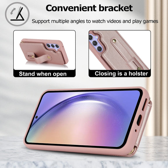For Samsung Galaxy S25+ 5G Wristband Vertical Flip Wallet Back Cover Phone Case with Long Lanyard(Rose Gold)