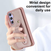 For Samsung Galaxy S25+ 5G Wristband Vertical Flip Wallet Back Cover Phone Case with Long Lanyard(Rose Gold)