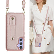 For Samsung Galaxy S25+ 5G Wristband Vertical Flip Wallet Back Cover Phone Case with Long Lanyard(Rose Gold)