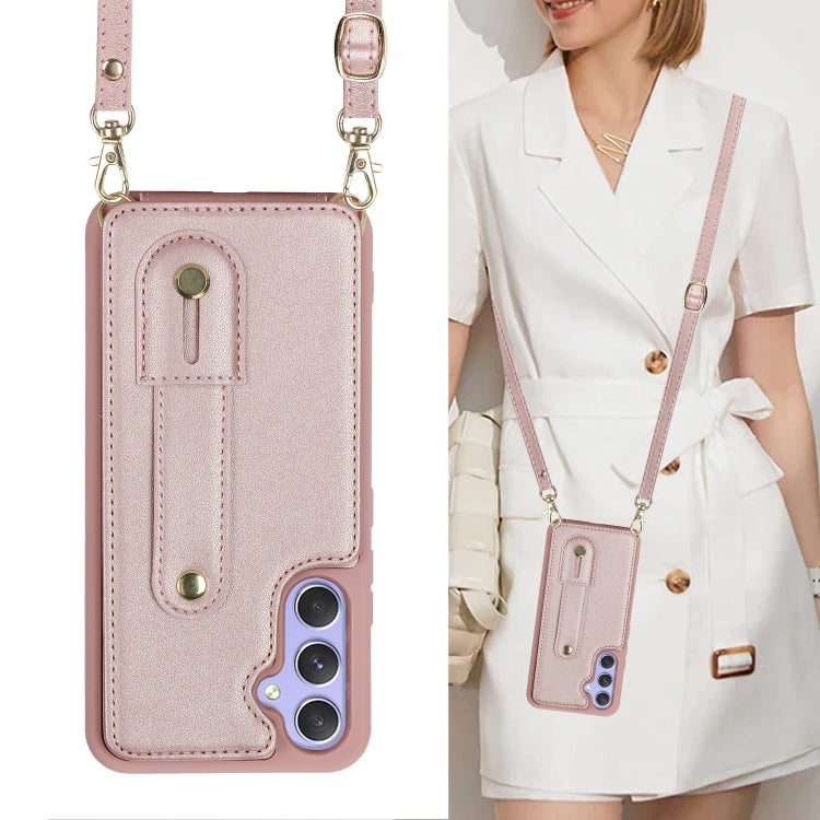 For Samsung Galaxy S25+ 5G Wristband Vertical Flip Wallet Back Cover Phone Case with Long Lanyard(Rose Gold)