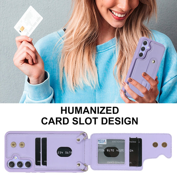 For Samsung Galaxy S25+ 5G Wristband Vertical Flip Wallet Back Cover Phone Case with Long Lanyard(Purple)